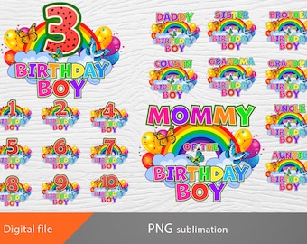 Rainbow birthday boy PNG, family bundle, rainbow sublimation, rainbow birthday design, rainbow numbers