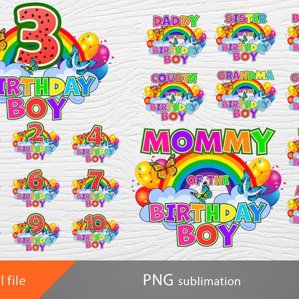 Rainbow birthday boy PNG, family bundle, rainbow sublimation, rainbow birthday design, rainbow numbers
