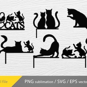 May include: A set of five black silhouette cat designs for crafting. The designs include a cat with a heart and the words "I love cats", two cats sitting side by side, a cat stretching, a cat sitting and a cat playing with a smaller cat.