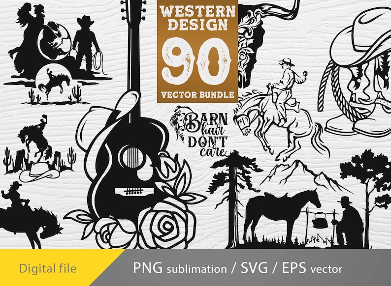 K&ouml;nnte beinhalten: Ein Set mit 90 Vektorgrafiken im Western-Design, darunter eine Gitarre, Pferde, Cowboys, eine Scheune und eine Rose. Der Text "WESTERN DESIGN 90 VECTOR BUNDLE" und "BARN hair DON'T care" ist im Design enthalten.