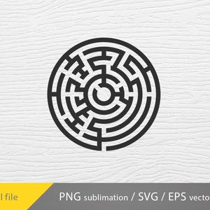 May include: A black and white circular maze design. The maze is centered on a white wood grain background. The bottom left corner has the text "Digital file" and the bottom right corner has the text "PNG sublimation / SVG / EPS vector".