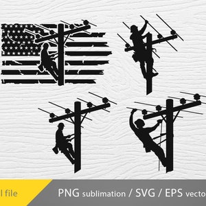 May include: Silhouette of a lineman working on a power line with an American flag in the background. The flag is distressed and has a grunge effect. The lineman is wearing a hard hat and safety gear.