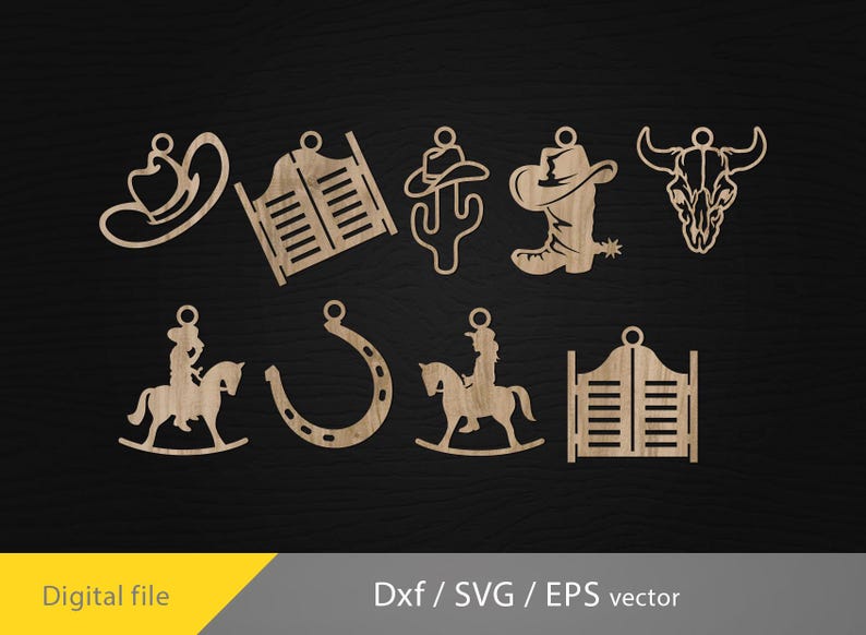 May include: A set of ten western-themed laser cut wooden ornaments. The ornaments include a cowboy hat, a horseshoe, a cactus, a cowboy boot, a bull skull, a saloon door, and a rocking horse.