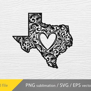 May include: Black and white silhouette of the state of Texas with a heart in the center, surrounded by a floral design.