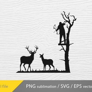 May include: Black silhouette of a hunter with a bow and arrow standing on a tree stand, with two deer in the foreground.