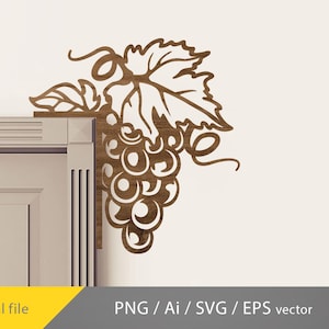 May include: A brown silhouette of a grapevine with leaves and grapes. The silhouette is on a white background.
