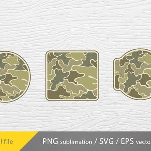 Pode incluir: Três padrões de camuflagem diferentes em forma de círculo, quadrado e retângulo. Os padrões são em tons de verde, marrom e bege.