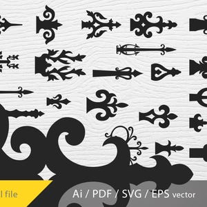 May include: Black decorative ironwork designs in various shapes and sizes, including arrows, flourishes, and ornate elements. The image features a collection of vector illustrations, with the words "Digital file" and "Ai / PDF / SVG / EPS vector" in the bottom left corner.