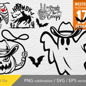 K&ouml;nnte beinhalten: Ein Set mit 17 digitalen Designs zum Thema Western-Halloween mit einem Geist, der einen Cowboyhut tr&auml;gt, einem K&uuml;rbis mit einem Cowboyhut, einem Skelett mit einem Herzen, einem Cowboy, der ein Pferd reitet, einer Fledermaus und dem Text "Howdy" und "People give me the creeps".