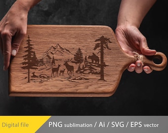 Mountain landscape engraving file, Nature scene vector, CO2 laser wood engraving pattern, cutting board design, Hunting engraving scene