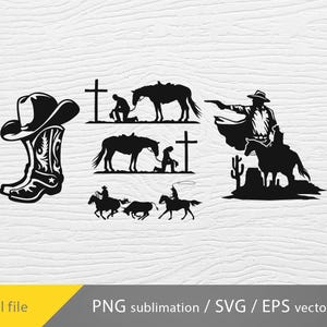 May include: Black and white silhouette design featuring a cowboy boot, a cowboy riding a horse, a cowboy kneeling in prayer, and a cowboy on horseback with a lasso. The design also includes a cross and a cactus.