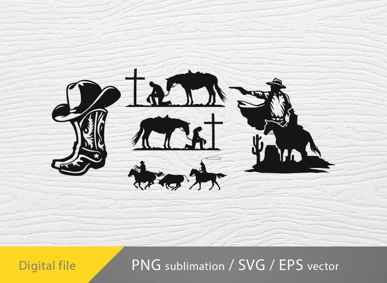 May include: Black and white silhouette design featuring a cowboy boot, a cowboy riding a horse, a cowboy kneeling in prayer, and a cowboy on horseback with a lasso. The design also includes a cross and a cactus.