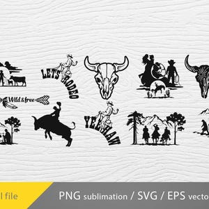 May include: A set of 10 black and white vector illustrations featuring cowboys, horses, and bull skulls. The illustrations include phrases like "Let's Rodeo" and "Yeehaw".