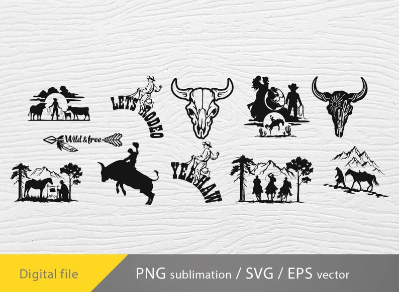 May include: A set of 10 black and white vector illustrations featuring cowboys, horses, and bull skulls. The illustrations include phrases like "Let's Rodeo" and "Yeehaw".