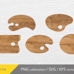 以下が含まれることがあります： 異なる形とサイズの4つの木製絵の具パレット。パレットは、自然な木目のある薄い茶色の木でできています。