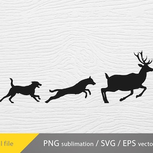 May include: Black silhouette of a deer running to the right, followed by two dogs running in the same direction. The deer has large antlers. The dogs are smaller than the deer.