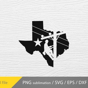 May include: A black and white silhouette of the state of Texas with a lineman working on a power line. The lineman is wearing a hard hat and is climbing a pole. The power line is represented by a series of lines.