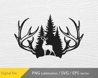 Hirschgeweih svg, Waldszene SVG, Hirschszene SVG, Vektorkunst, Cricut-Datei