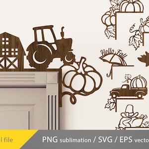 May include: Wooden cutouts featuring fall and harvest themes. Designs include a barn, tractor, pumpkins, a windmill, and a truck. The words "Hello Fall" are also included in the design. These are perfect for seasonal decor.