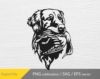 May include: Black and white illustration of a dog holding a bird in its mouth. The dog is looking to the right and the bird is facing the left. The dog's fur is detailed and the bird's feathers are visible.