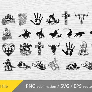 K&ouml;nnte beinhalten: Eine Sammlung von 30 Schwarzwei&szlig;-Vektorillustrationen mit Cowboyh&uuml;ten, Pferden, Sch&auml;deln, Kreuzen und Handabdr&uuml;cken. Die Illustrationen eignen sich perfekt f&uuml;r Bastelprojekte, digitale Designs und mehr.