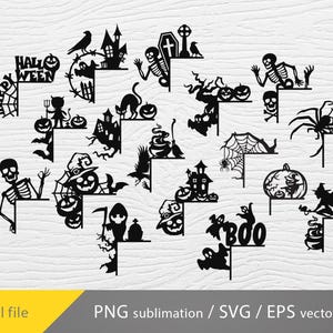 May include: Black Halloween-themed corner designs featuring silhouettes of skeletons, pumpkins, haunted houses, spiders, and witches. The words "HAPPY HALLOWEEN" and "BOO" are also included. Digital file.