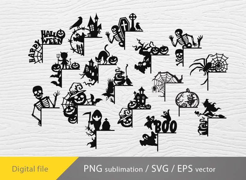 May include: Black Halloween-themed corner designs featuring silhouettes of skeletons, pumpkins, haunted houses, spiders, and witches. The words "HAPPY HALLOWEEN" and "BOO" are also included. Digital file.
