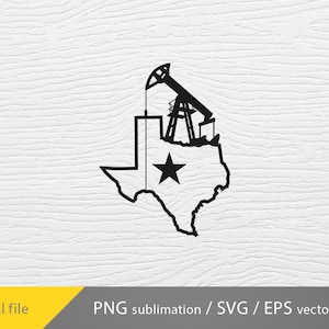 May include: Black and white graphic of the state of Texas with a star and an oil derrick. The image is a digital file, suitable for sublimation, and available in SVG and EPS vector formats.