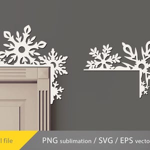 May include: White snowflake corner decorations, perfect for winter or holiday decor. The design features intricate snowflake patterns, ideal for sublimation projects. The image includes the text "Digital file" and "PNG sublimation / SVG / EPS vector".