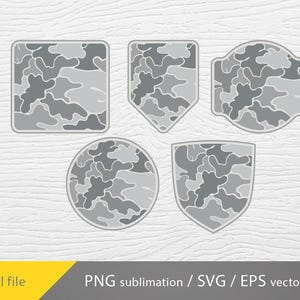 Könnte beinhalten: Fünf verschiedene Formen von Camouflage-Musterschnitten. Die Formen sind ein Quadrat, ein Rechteck, ein Kreis, ein Herz und ein Schild. Das Camouflage-Muster ist grau und weiß.