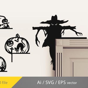 May include: Black Halloween-themed corner decorations featuring a witch on a broom, a pumpkin with a cat, and a scarecrow. The decorations are cut from a solid material. The words "Digital file" and "Ai / SVG / EPS vector" are also visible.