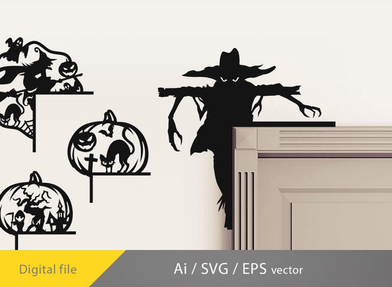 May include: Black Halloween-themed corner decorations featuring a witch on a broom, a pumpkin with a cat, and a scarecrow. The decorations are cut from a solid material. The words "Digital file" and "Ai / SVG / EPS vector" are also visible.