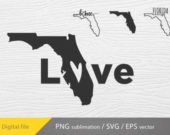 May include: Black and white graphic design featuring the outline of the state of Florida with the word "Love" and a heart in the center. Additional outlines of Florida with the words "home" and "Florida" are also present. The image is a digital file.