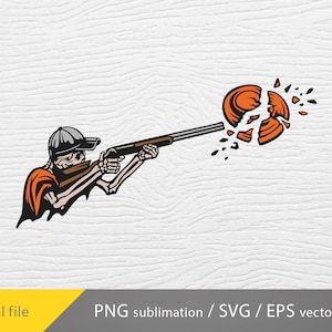 May include: A skeleton wearing a baseball cap and holding a shotgun shoots a clay pigeon, shattering it into pieces.