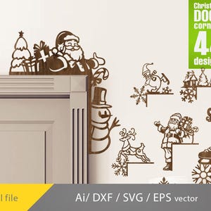 Könnte beinhalten: Ein Set mit 44 digitalen Designs für Weihnachts-Tür-Ecken. Die Designs beinhalten einen Schneemann, ein Rentier, den Weihnachtsmann und einen Weihnachtsbaum. Die Designs sind in brauner Farbe gehalten und perfekt, um Ihrem Zuhause einen festlichen Touch zu verleihen.
