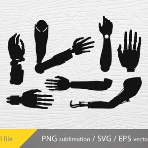 May include: A set of eight black silhouette images of robotic arms and hands in various poses. The arms and hands are stylized and have a futuristic design.
