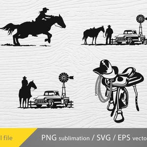 May include: A set of four black and white silhouette images of a cowboy riding a horse, a cowboy standing next to a pickup truck, a cowboy riding a horse, and a saddle with a rope. The images are set against a white woodgrain background.
