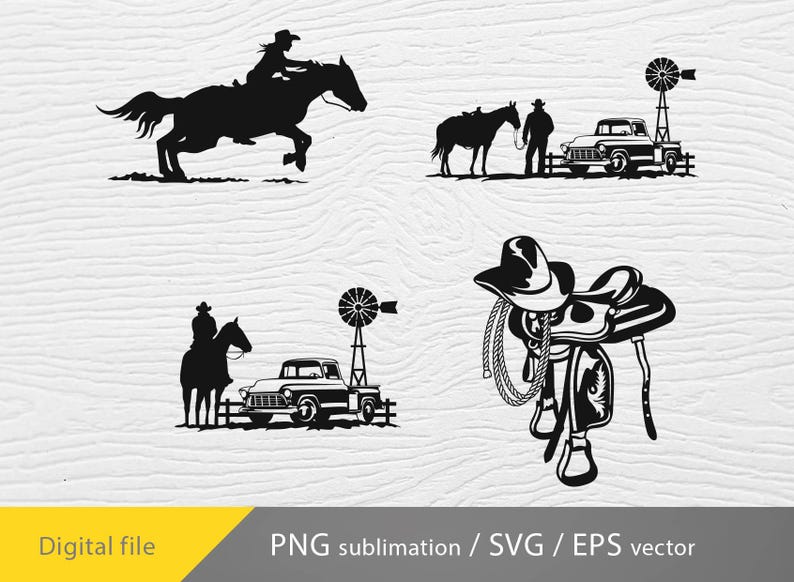 May include: A set of four black and white silhouette images of a cowboy riding a horse, a cowboy standing next to a pickup truck, a cowboy riding a horse, and a saddle with a rope. The images are set against a white woodgrain background.