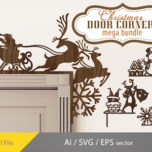 May include: Brown wooden Christmas door corner decorations featuring Santa in a sleigh, reindeer, snowflakes, a snowman, houses, and a Christmas tree. The image includes the text "Christmas DOOR CORNERS mega bundle" and "Digital file".