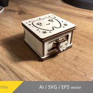Tandfe-låda laserskuren, låda med den första tanden som fallit ut, 3 mm plywood