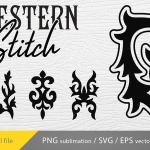 Pode incluir: Um download digital de cinco designs de pontos de costura ocidentais em preto e branco. Os designs incluem um design floral grande, um design floral menor, um design com duas folhas pontiagudas, um design com duas folhas arredondadas e um design com duas folhas pontiagudas e um centro arredondado.