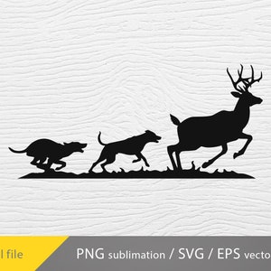 May include: Black silhouette of two dogs chasing a deer. The deer is running to the right, and the dogs are running behind it. The image is a simple silhouette, with no details or shading.