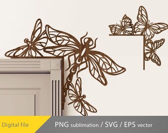 Decorazione per porta a forma di libellula, angolo porta a forma di farfalla con libellula in formato SVG, modanatura porta a forma di libellula in formato SVG Ai vettoriale, decorazione per finestre