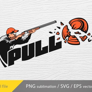 May include: A black and white illustration of a person shooting a shotgun at a clay pigeon. The clay pigeon is broken into pieces. The word "PULL" is written in large black letters.