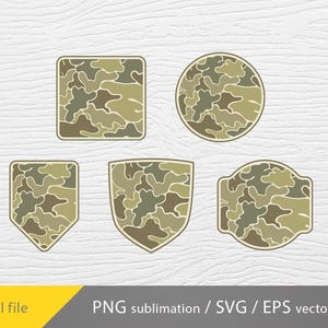 May include: Five different shapes of camouflage patterns in green and brown. The shapes are a square, a circle, a shield, a rectangle, and a heart.