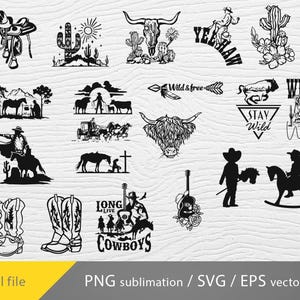 K&ouml;nnte beinhalten: Ein Set mit 15 Schwarzwei&szlig;-Digitalillustrationen mit Cowboy-Stiefeln, einem Cowboy, der ein Pferd reitet, einem Cowboyhut, einer Gitarre, einem Sch&auml;del, einem Kaktus, einem Hochlandrind und verschiedenen Texten zum Thema Western. Der Text beinhaltet "Yeehaw", "Wild & Free", "Stay Wild", "Wild West" und "Long Live Cowboys".