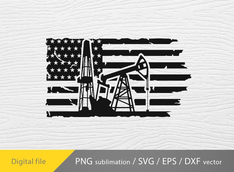 May include: Black and white silhouette of an oil rig and pump jack in front of a distressed American flag.