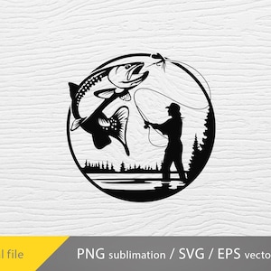 May include: Black and white illustration of a fisherman fishing for a large fish. The design is circular, with a silhouette of a person fishing on the right side and a fish jumping on the left.