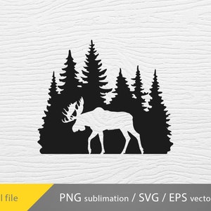 May include: Black silhouette of a moose standing in front of a line of pine trees. The image is a digital file for sublimation, SVG, and EPS vector.