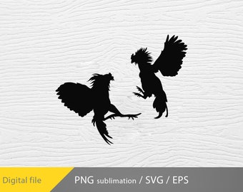 May include: Silhouette of two roosters facing each other with their wings spread out. The roosters are in a fighting stance.